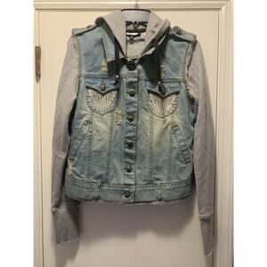 Miss Me Jacket Hoodie Size M Embellishment Bling Gray Distressed